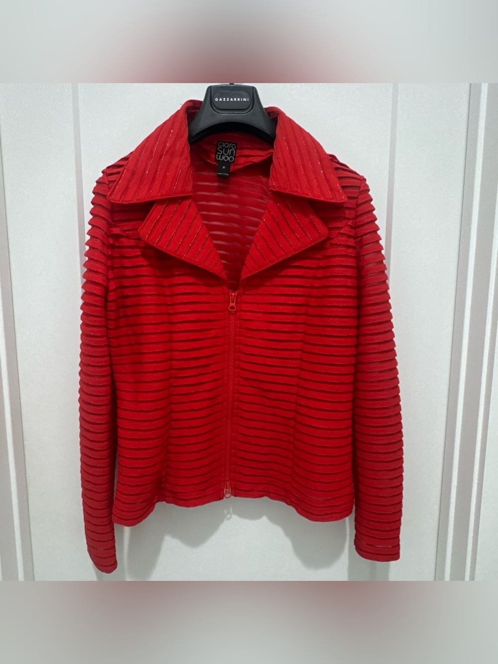 Clara Sun Woo Red Textured Ribbed Zip Front Jacket Sheer Mesh Metallic Accent